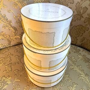 Vintage Montaldo’s Hat Boxes Set of 3 Round Bandbox Rope Handle Mid Century